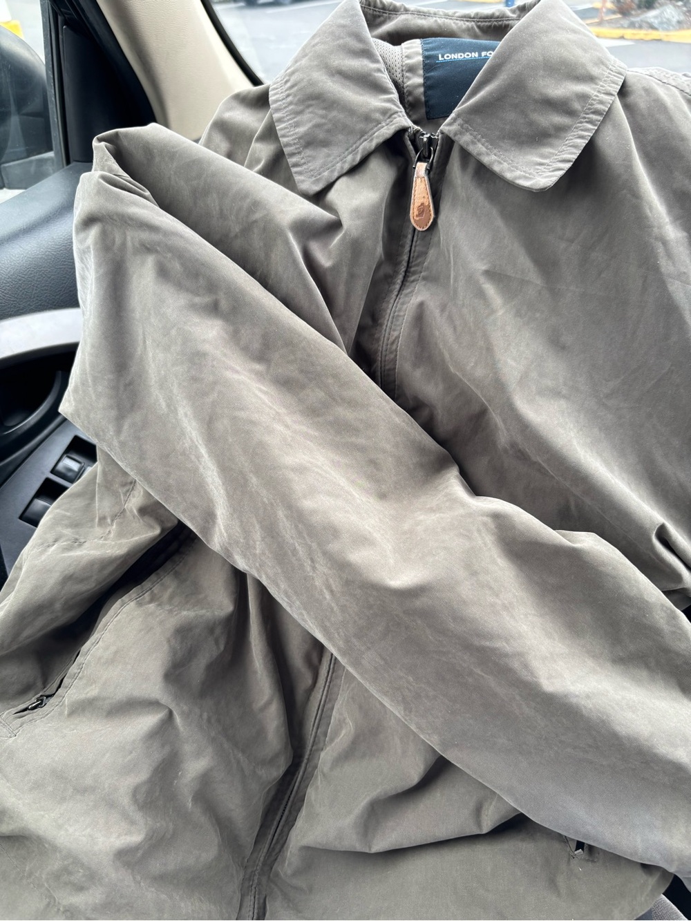 London Fog Light Sage Jacket with Black Jeans